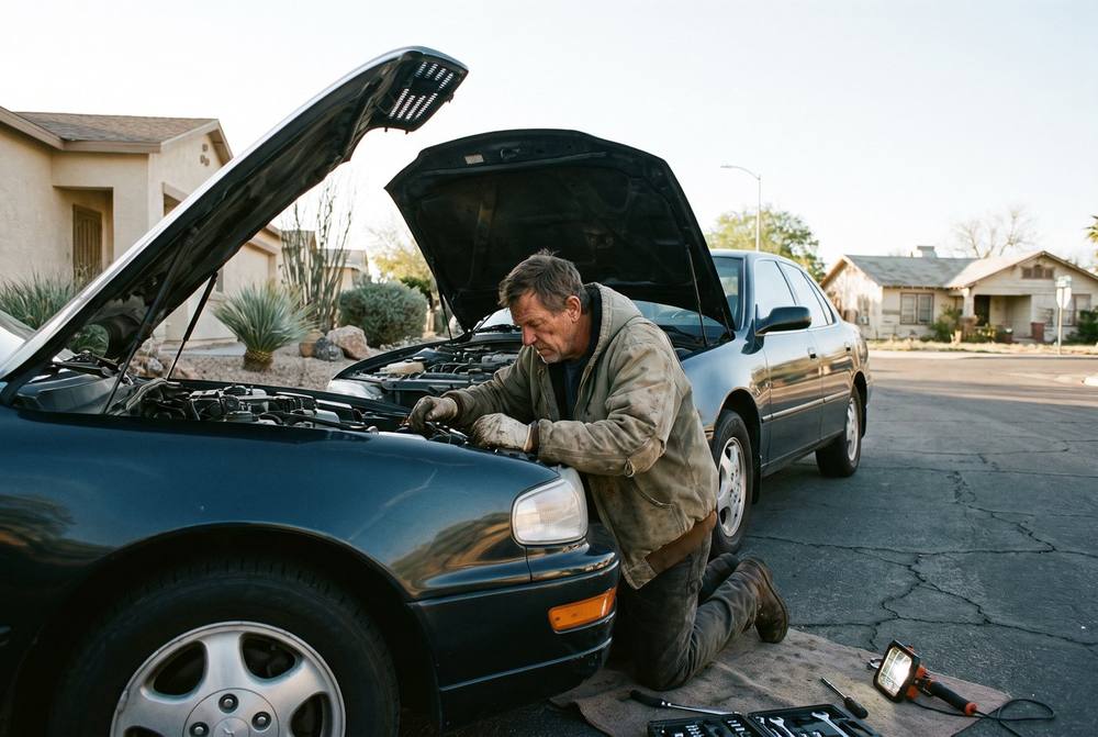 Mechanic diagnosing car issue